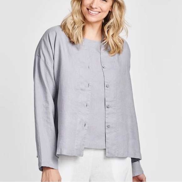 EUC - FLAX Alluring Button Front LS Blouse Jacket - Size Large Platinum Grey - Picture 1 of 4